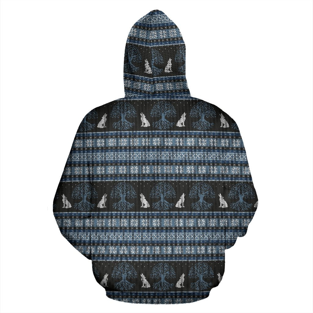 Wolf Tree of Life Knit Design Print Zip Up Hoodie