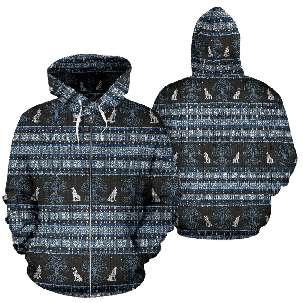 Wolf Tree of Life Knit Design Print Zip Up Hoodie