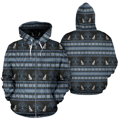 Wolf Tree of Life Knit Design Print Zip Up Hoodie