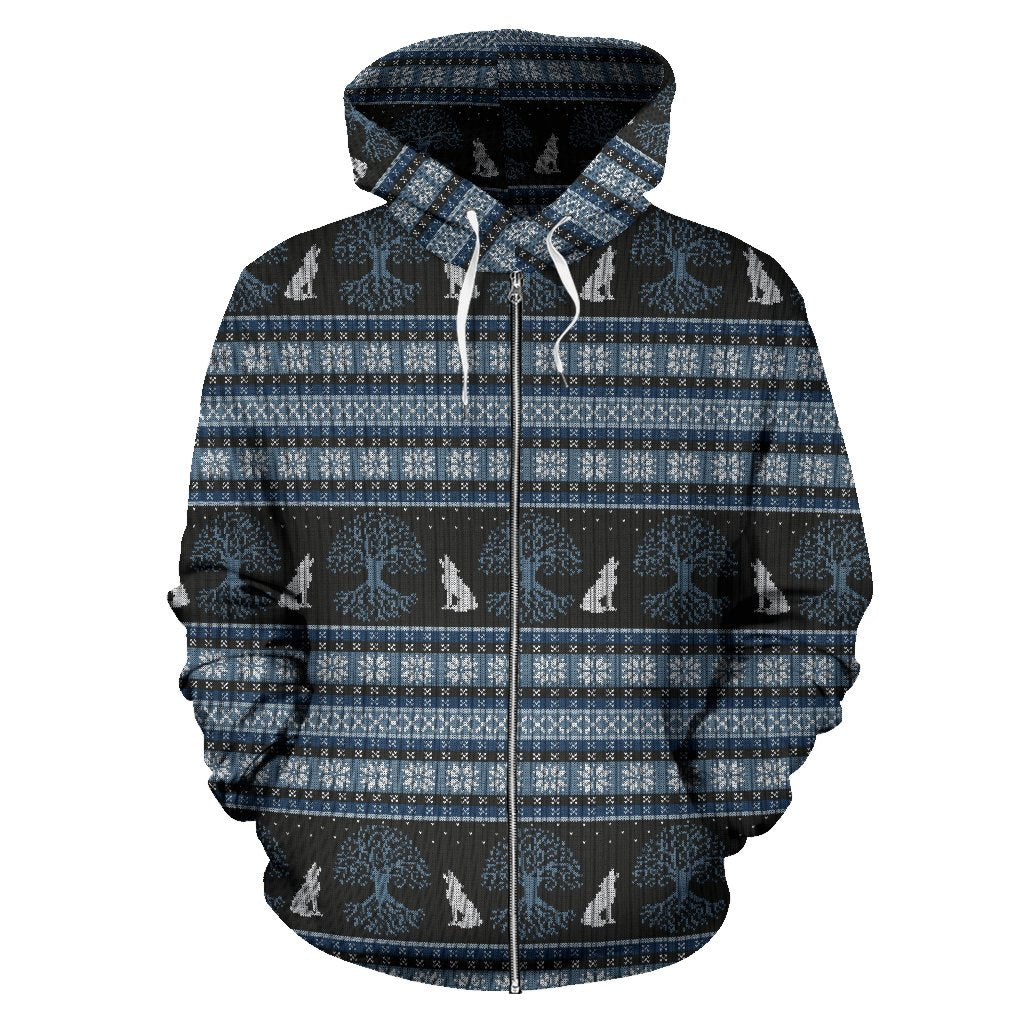 Wolf Tree of Life Knit Design Print Zip Up Hoodie