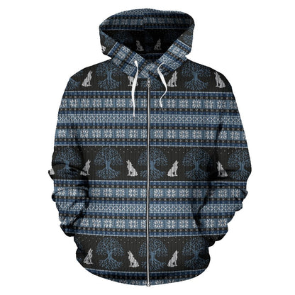 Wolf Tree of Life Knit Design Print Zip Up Hoodie