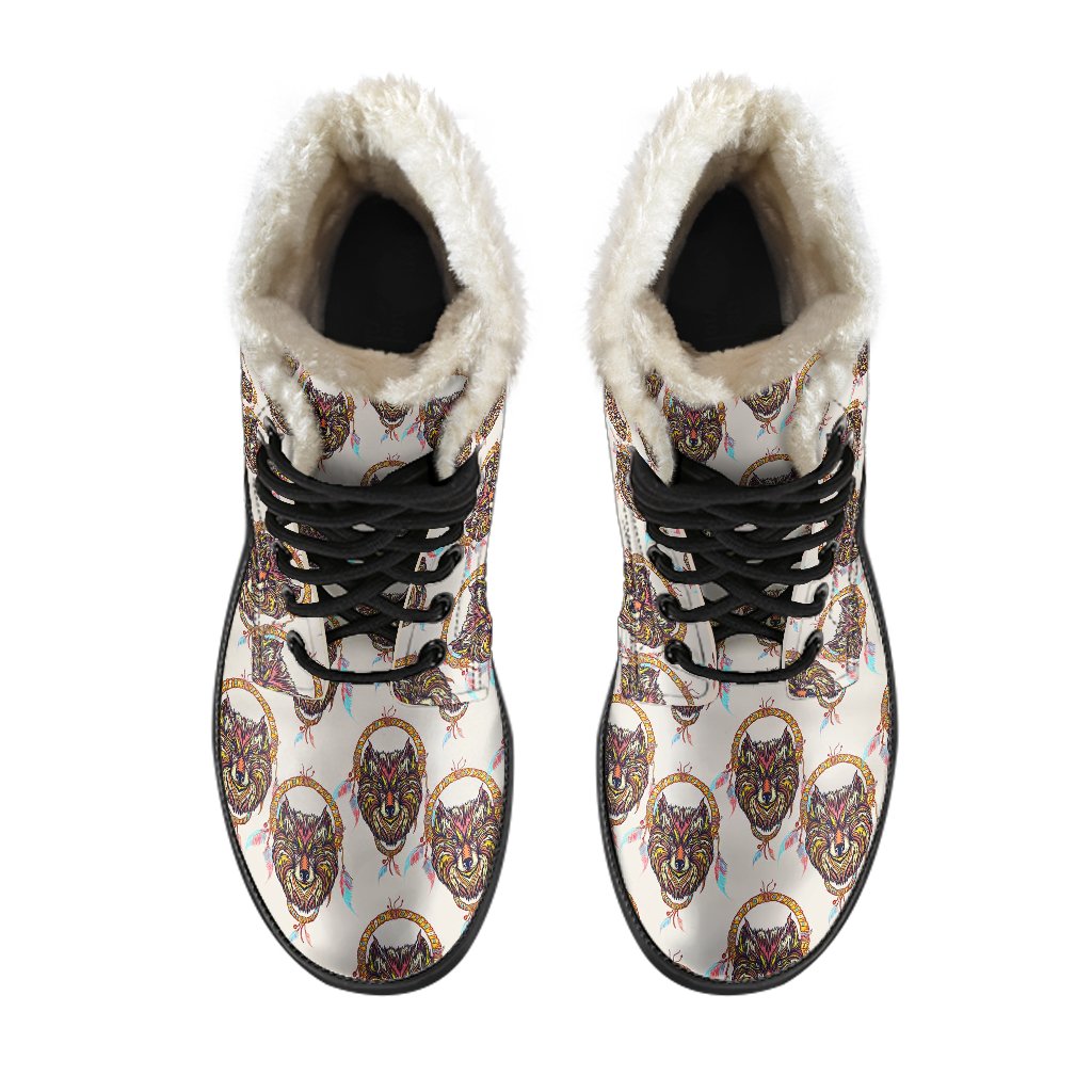 Wolf Tribal Dream Catcher Design Print Faux Fur Leather Boots-JTAMIGO.COM