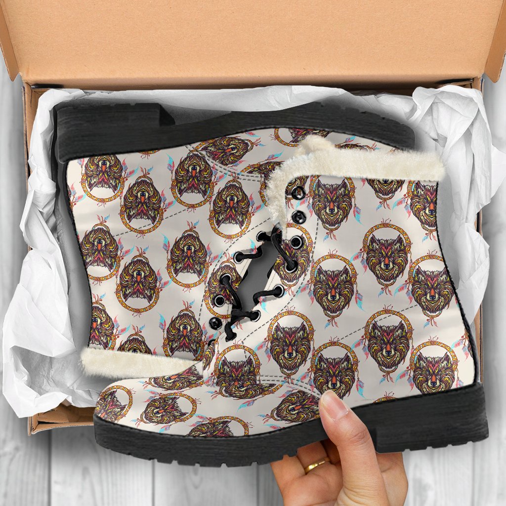 Wolf Tribal Dream Catcher Design Print Faux Fur Leather Boots-JTAMIGO.COM
