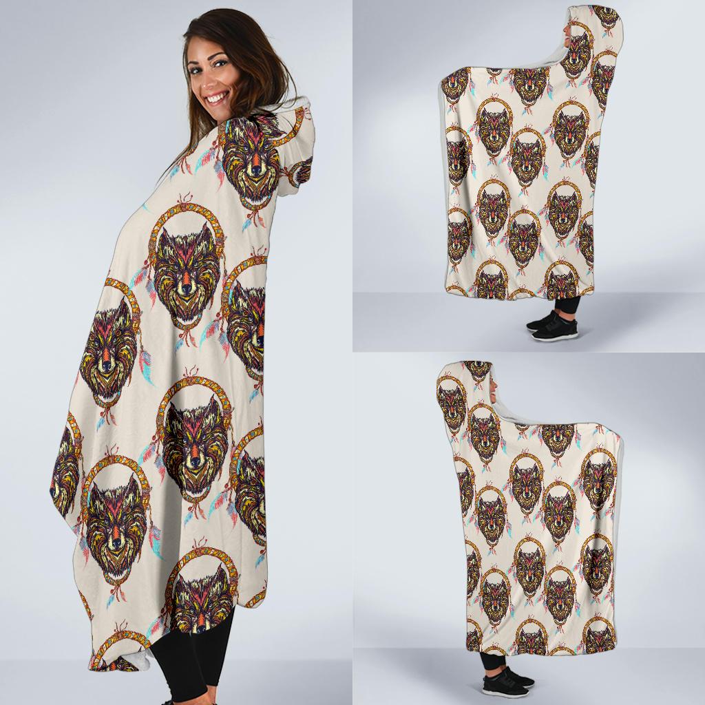 Wolf Tribal Dream Catcher Design Print Hooded Blanket-JTAMIGO.COM