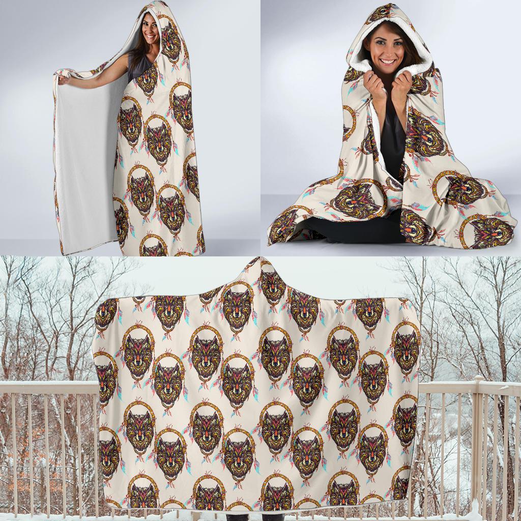 Wolf Tribal Dream Catcher Design Print Hooded Blanket-JTAMIGO.COM