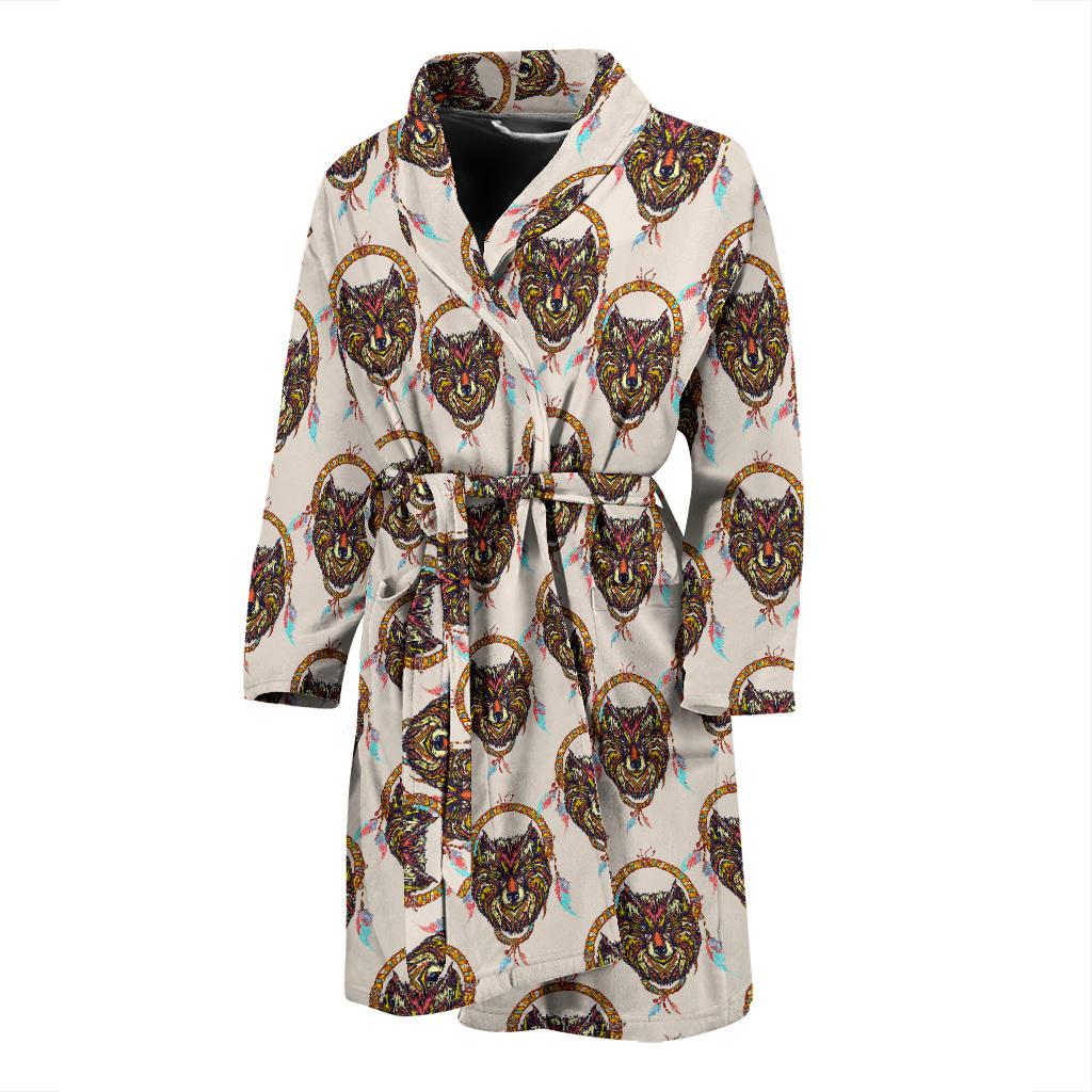 Wolf Tribal Dream Catcher Design Print Men Bath Robe-JTAMIGO.COM