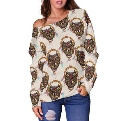 Wolf Tribal Dream Catcher Design Print Off Shoulder Sweatshirt