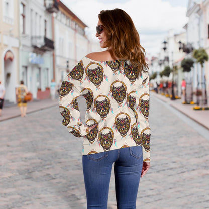 Wolf Tribal Dream Catcher Design Print Off Shoulder Sweatshirt