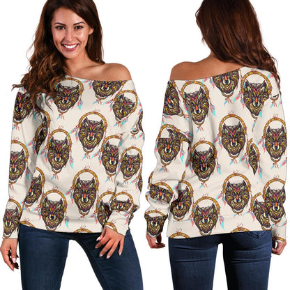 Wolf Tribal Dream Catcher Design Print Off Shoulder Sweatshirt