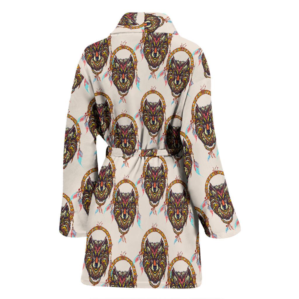 Wolf Tribal Dream Catcher Design Print Women Bath Robe-JTAMIGO.COM