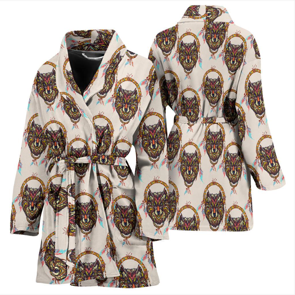 Wolf Tribal Dream Catcher Design Print Women Bath Robe-JTAMIGO.COM