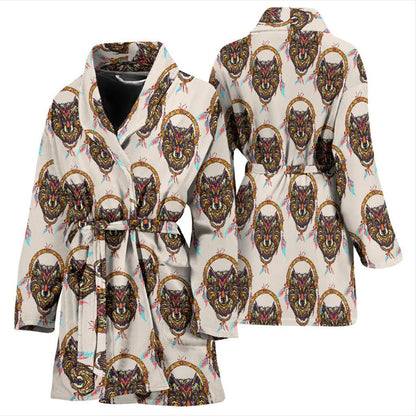 Wolf Tribal Dream Catcher Design Print Women Bath Robe-JTAMIGO.COM