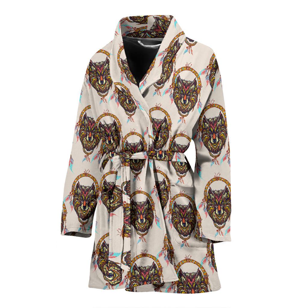 Wolf Tribal Dream Catcher Design Print Women Bath Robe-JTAMIGO.COM