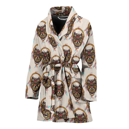 Wolf Tribal Dream Catcher Design Print Women Bath Robe-JTAMIGO.COM
