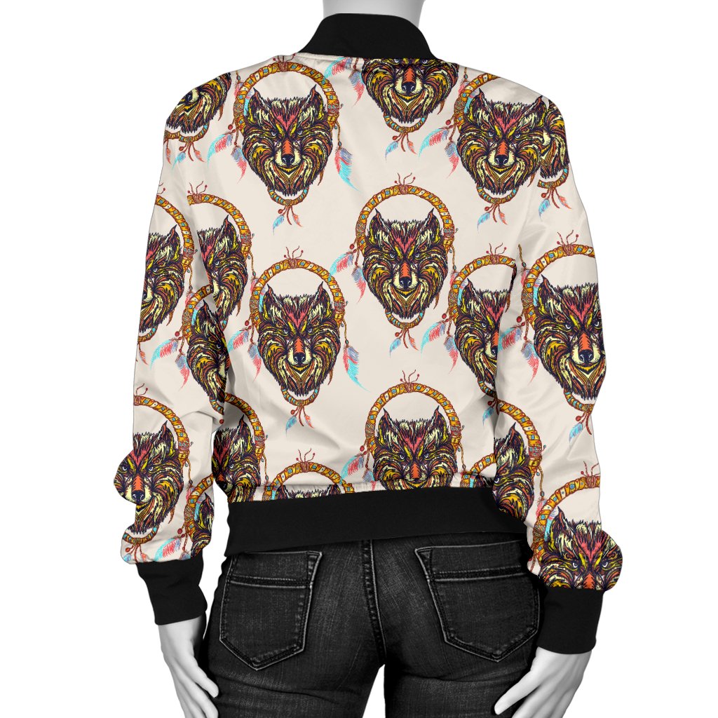 Wolf Tribal Dream Catcher Design Print Women Casual Bomber Jacket