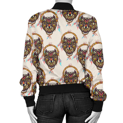 Wolf Tribal Dream Catcher Design Print Women Casual Bomber Jacket