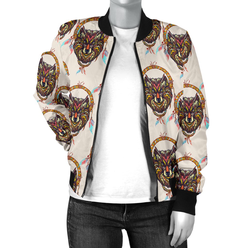 Wolf Tribal Dream Catcher Design Print Women Casual Bomber Jacket
