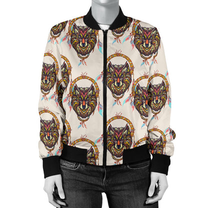 Wolf Tribal Dream Catcher Design Print Women Casual Bomber Jacket