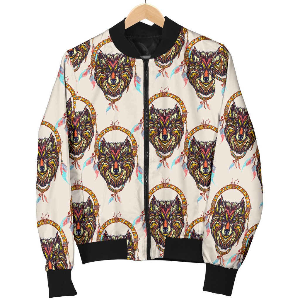 Wolf Tribal Dream Catcher Design Print Women Casual Bomber Jacket