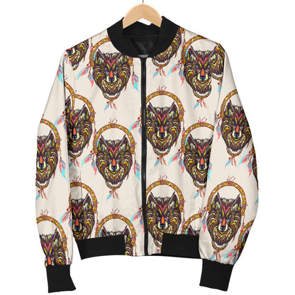 Wolf Tribal Dream Catcher Design Print Women Casual Bomber Jacket