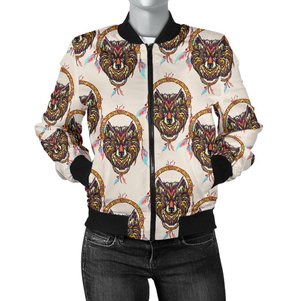 Wolf Tribal Dream Catcher Design Print Women Casual Bomber Jacket