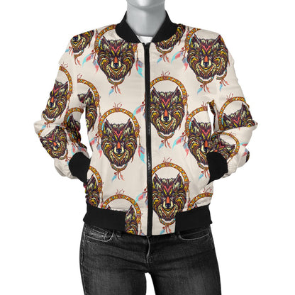 Wolf Tribal Dream Catcher Design Print Women Casual Bomber Jacket