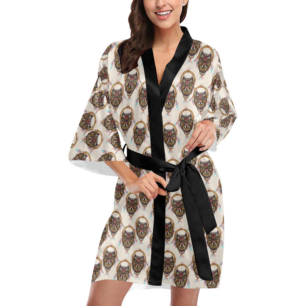 Wolf Tribal Dream Catcher Design Print Women Short Kimono Robe
