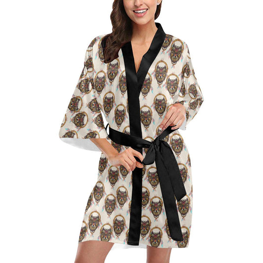 Wolf Tribal Dream Catcher Design Print Women Short Kimono Robe