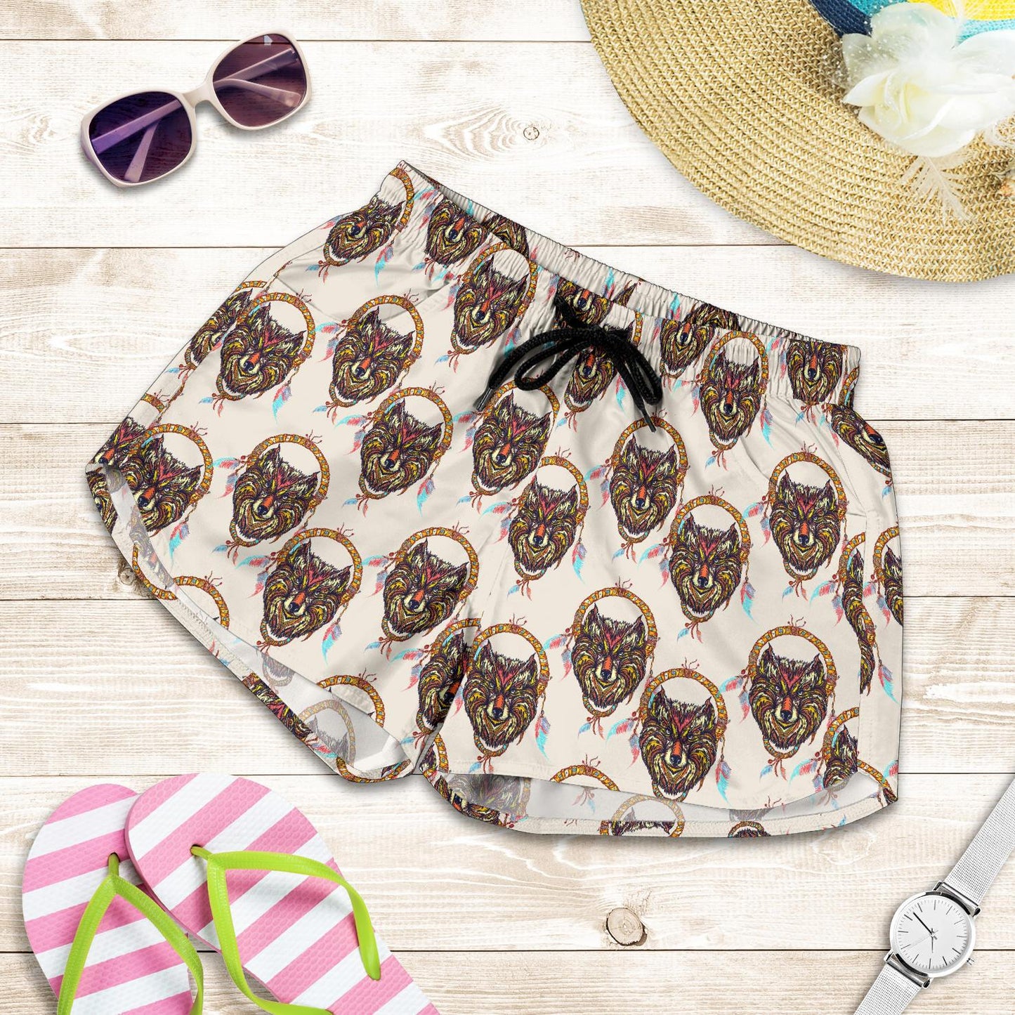 Wolf Tribal Dream Catcher Design Print Women Shorts-JTAMIGO.COM