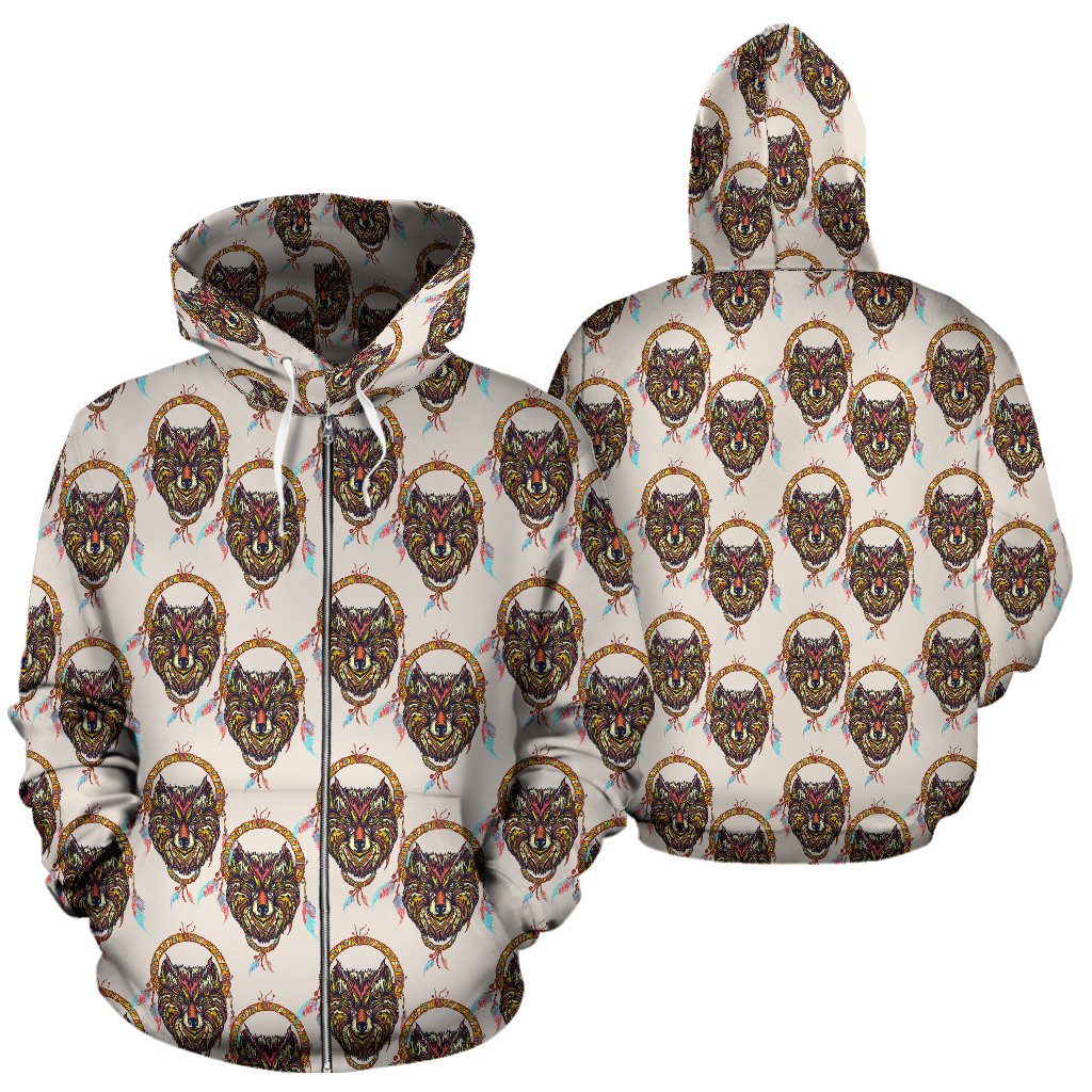 Wolf Tribal Dream Catcher Design Print Zip Up Hoodie