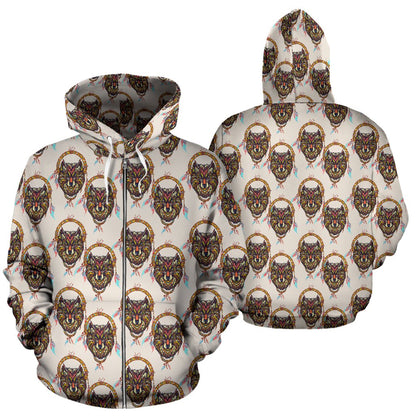 Wolf Tribal Dream Catcher Design Print Zip Up Hoodie