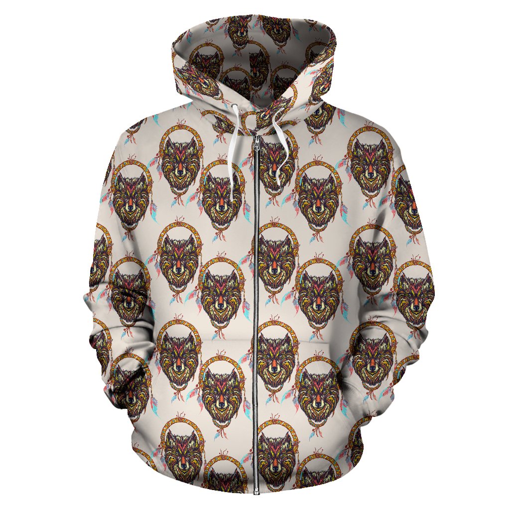 Wolf Tribal Dream Catcher Design Print Zip Up Hoodie