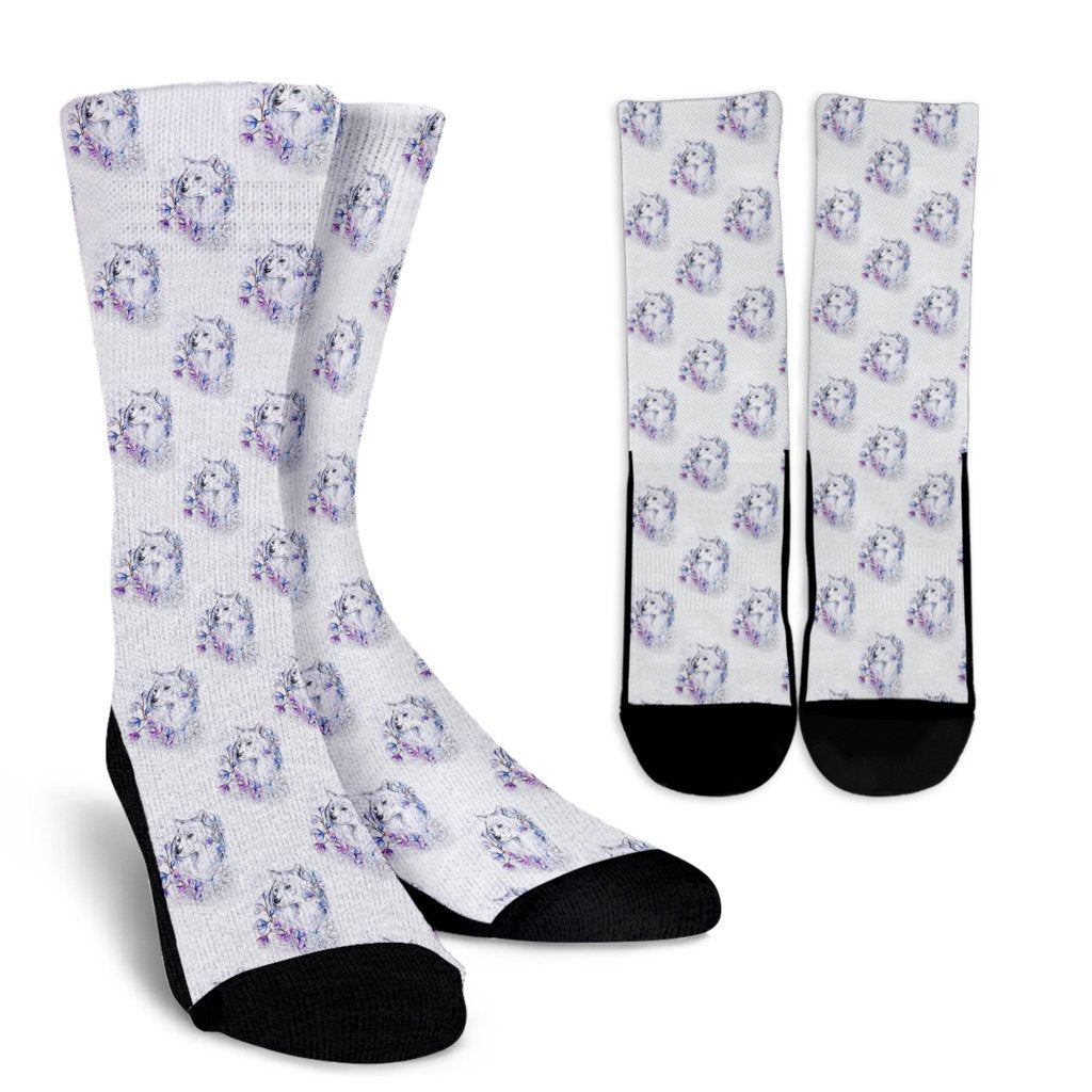 Wolf with Flower Print Design Crew Socks