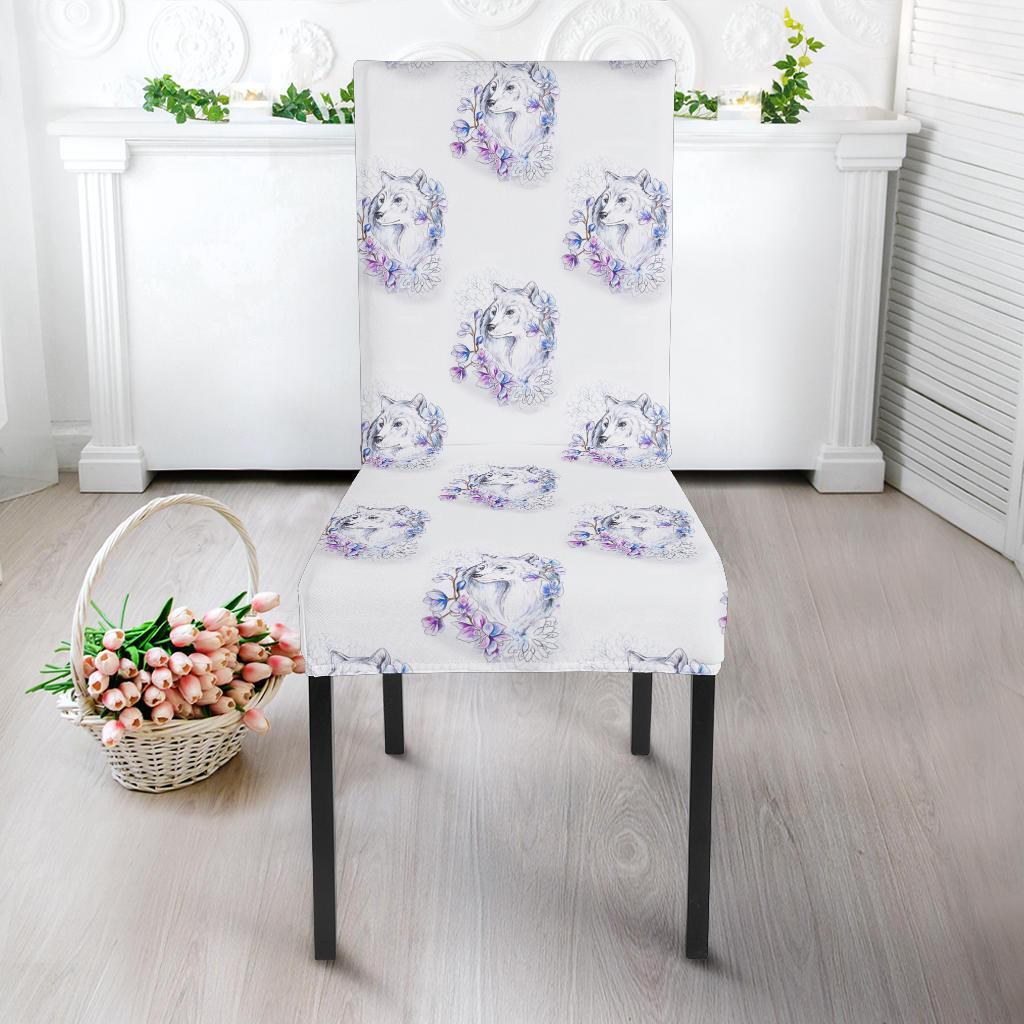 Wolf with Flower Print Design Dining Chair Slipcover-JTAMIGO.COM