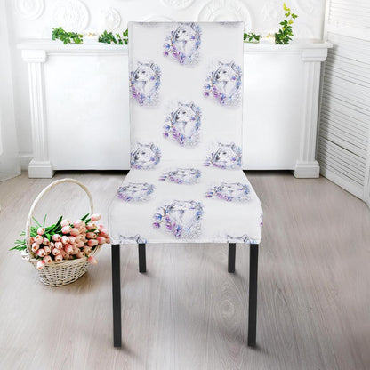 Wolf with Flower Print Design Dining Chair Slipcover-JTAMIGO.COM