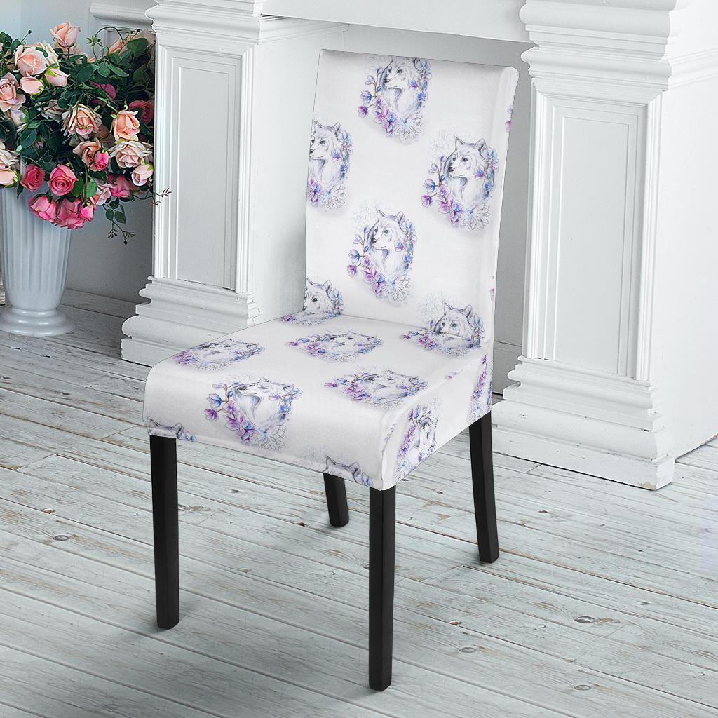 Wolf with Flower Print Design Dining Chair Slipcover-JTAMIGO.COM
