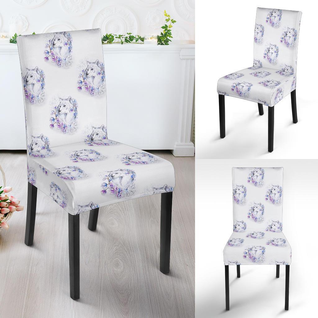 Wolf with Flower Print Design Dining Chair Slipcover-JTAMIGO.COM