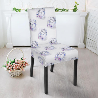 Wolf with Flower Print Design Dining Chair Slipcover-JTAMIGO.COM