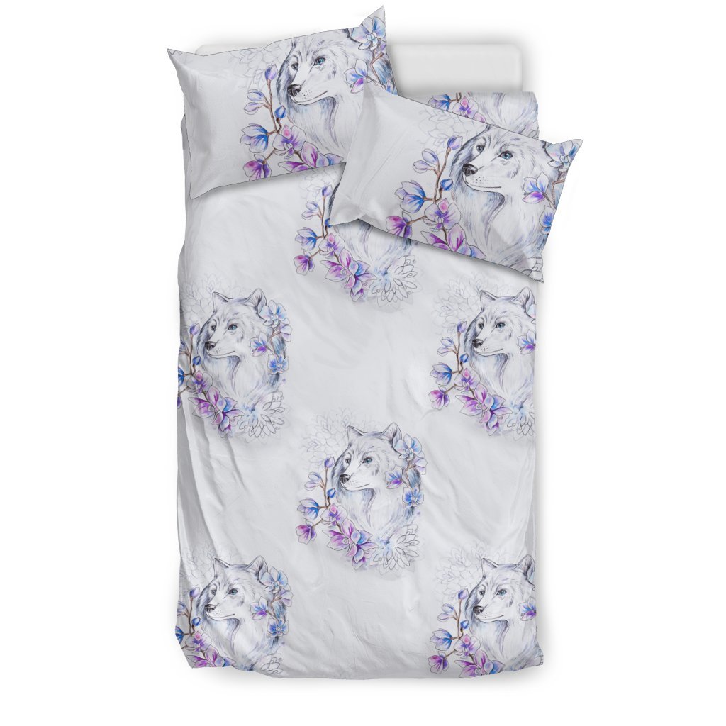 Wolf with Flower Print Design Duvet Cover Bedding Set