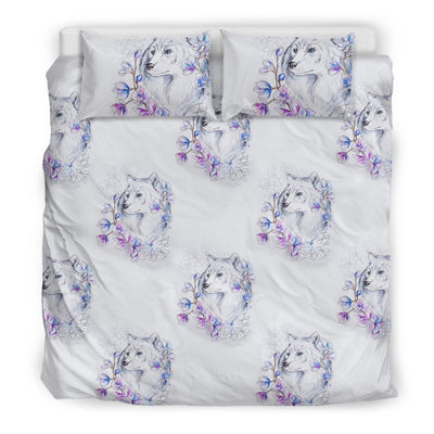 Wolf with Flower Print Design Duvet Cover Bedding Set