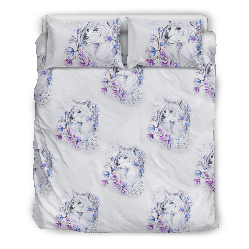 Wolf with Flower Print Design Duvet Cover Bedding Set