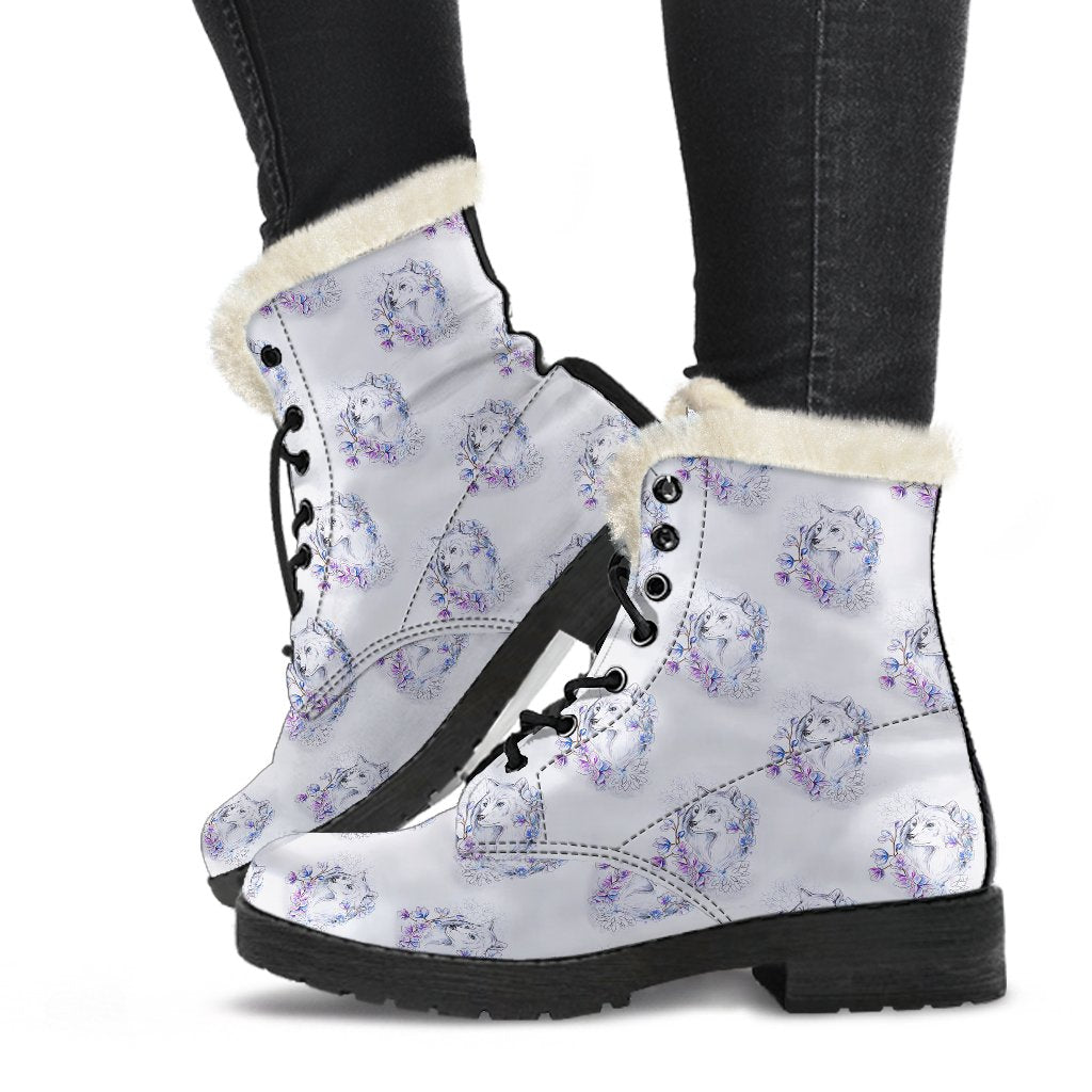 Wolf with Flower Print Design Faux Fur Leather Boots-JTAMIGO.COM