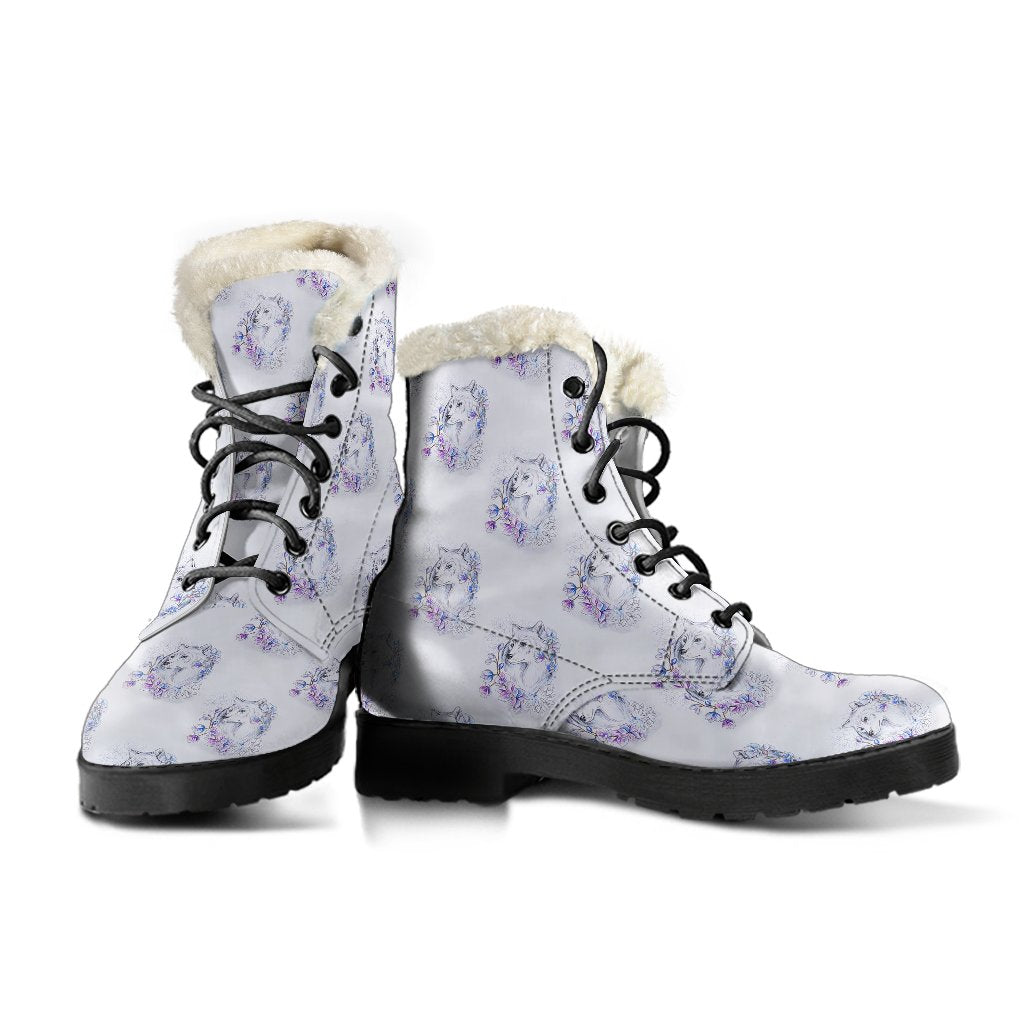 Wolf with Flower Print Design Faux Fur Leather Boots-JTAMIGO.COM