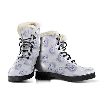 Wolf with Flower Print Design Faux Fur Leather Boots-JTAMIGO.COM