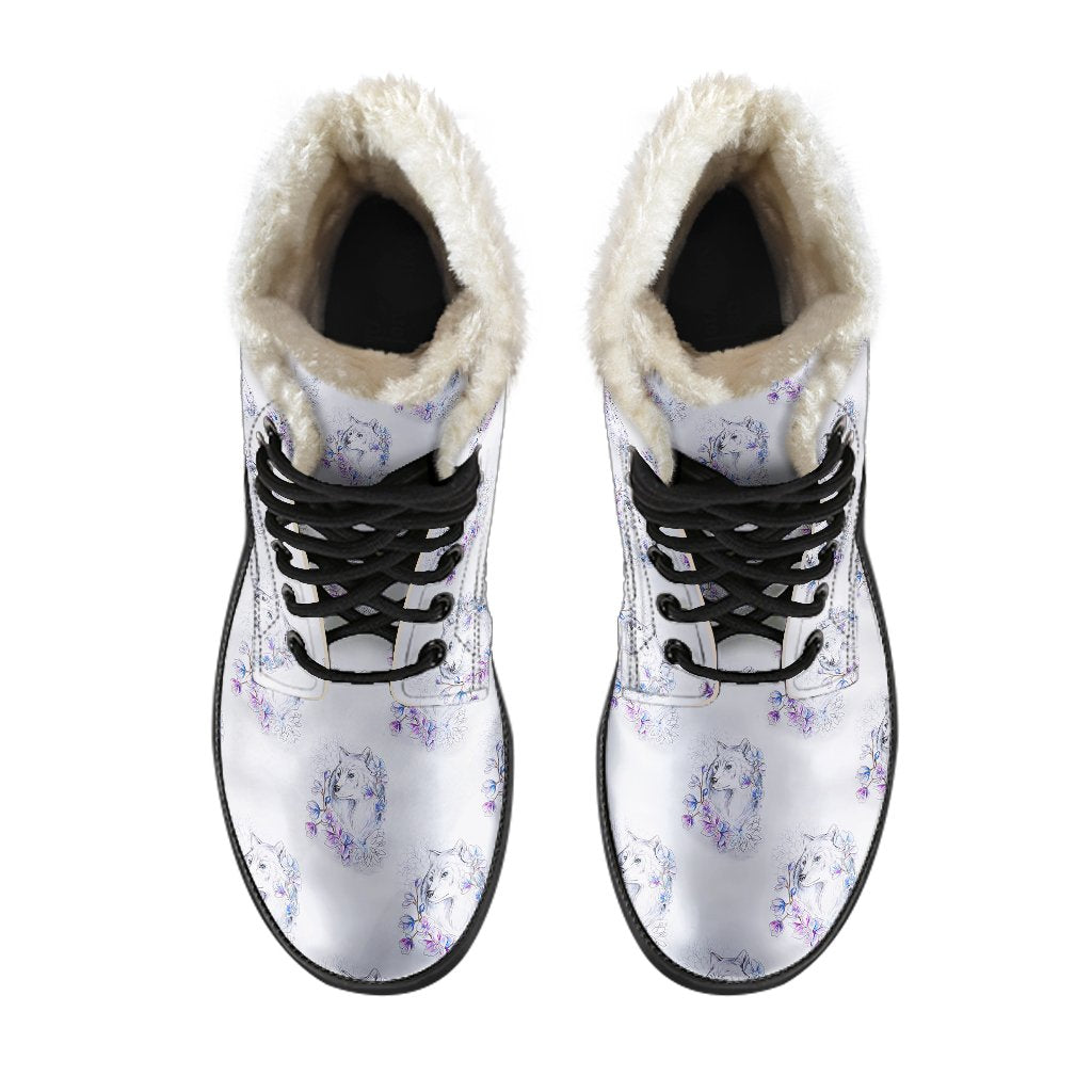 Wolf with Flower Print Design Faux Fur Leather Boots-JTAMIGO.COM
