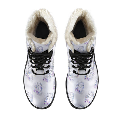 Wolf with Flower Print Design Faux Fur Leather Boots-JTAMIGO.COM