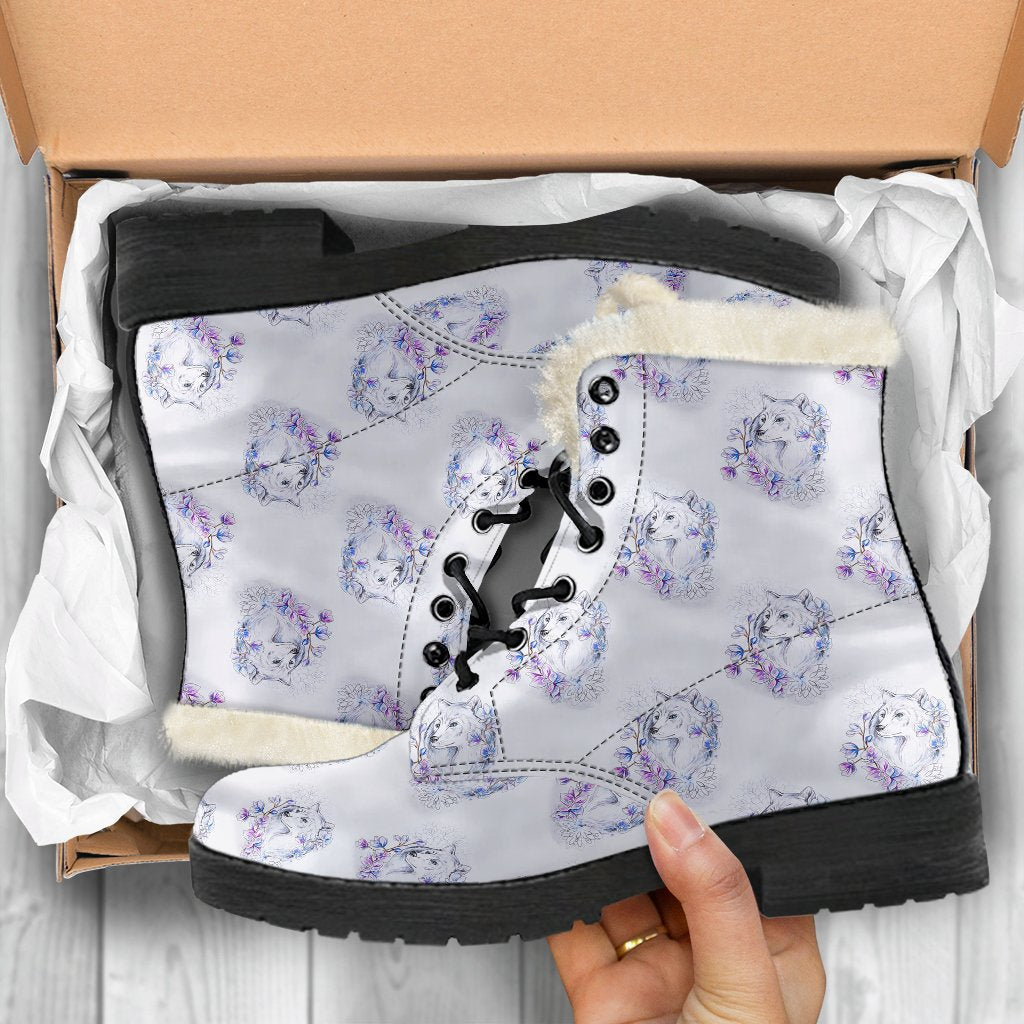 Wolf with Flower Print Design Faux Fur Leather Boots-JTAMIGO.COM