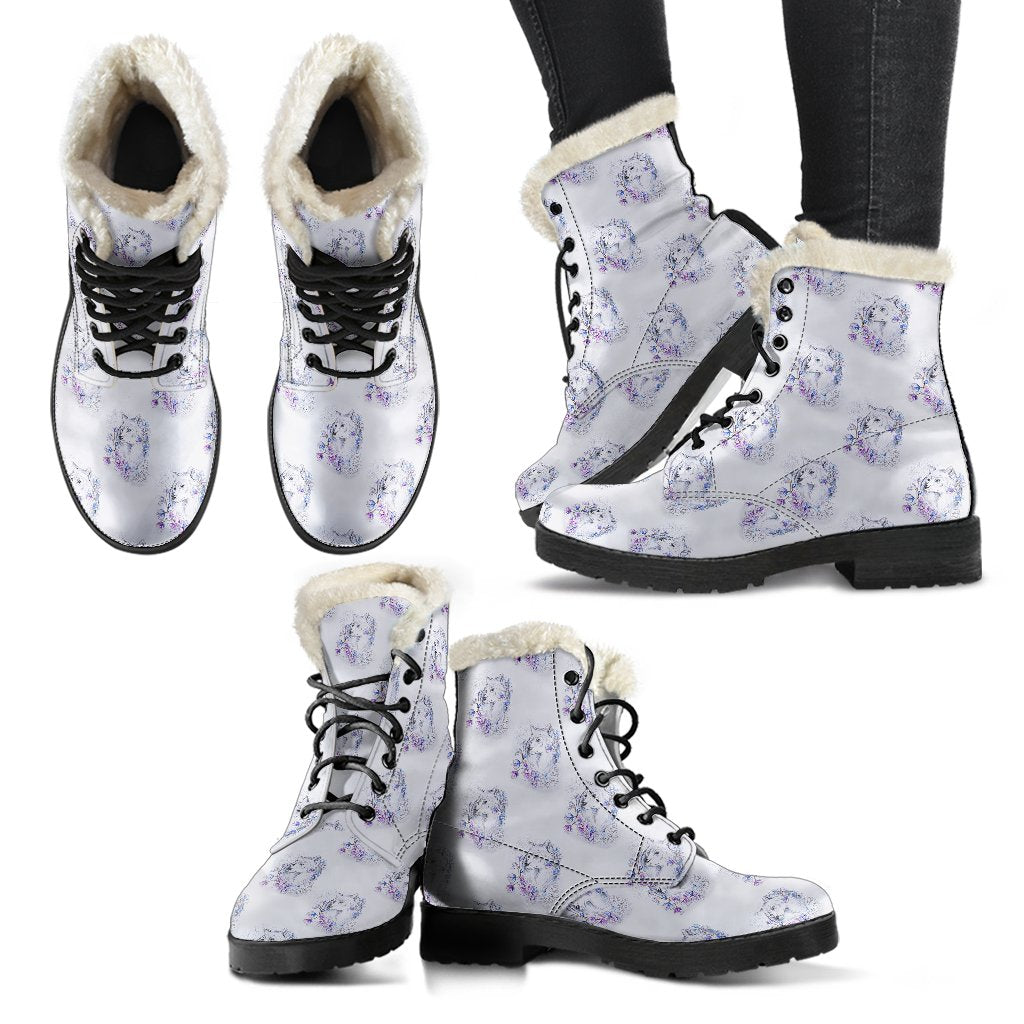 Wolf with Flower Print Design Faux Fur Leather Boots-JTAMIGO.COM