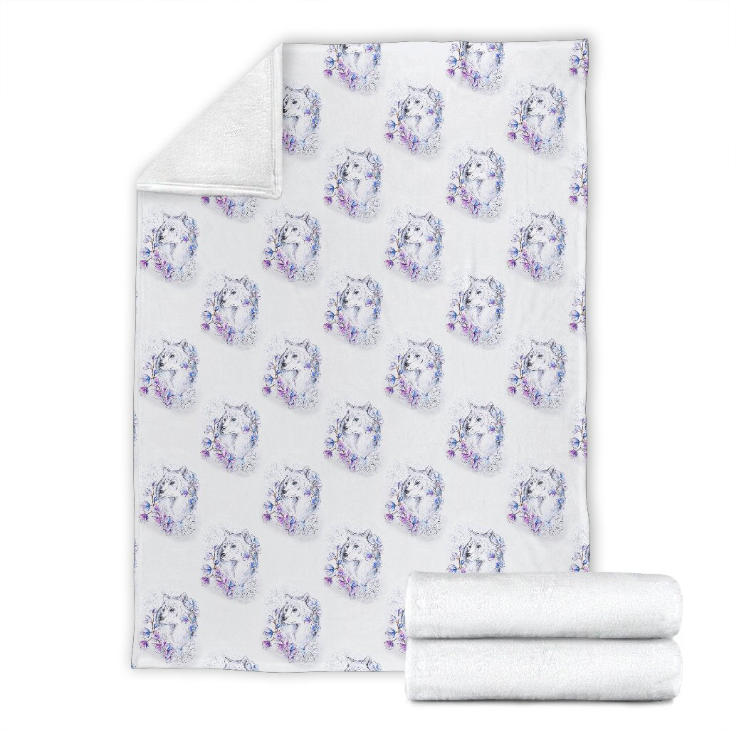 Wolf With Flower Print Design Fleece Blanket