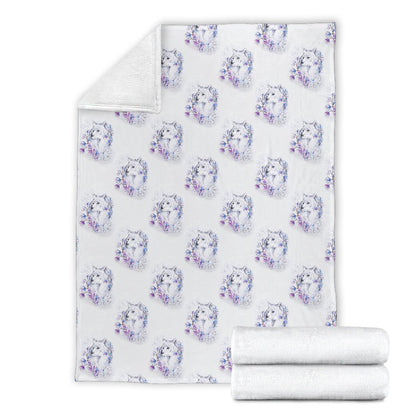 Wolf With Flower Print Design Fleece Blanket